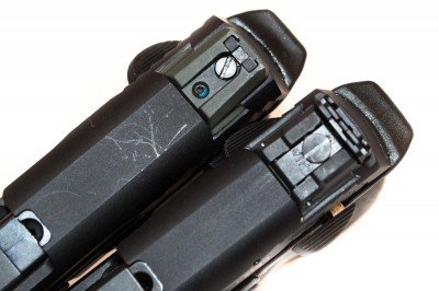 The original M&P22 rear sight (top) and Compact (bottom)
