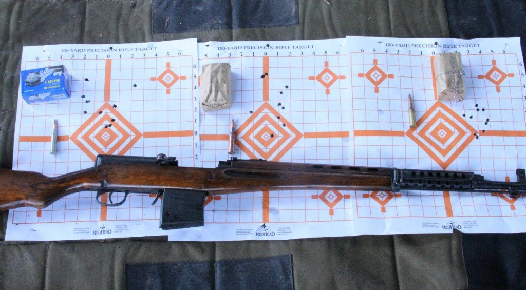 Later the SVT settled in and redeemed itself getting down to 5-6" of dispersal at 100 yards. Not the best, but with Russian ammo, not terrible either. The shock was when I ran some old sticky surplus Romanian ammo through it, far right. 