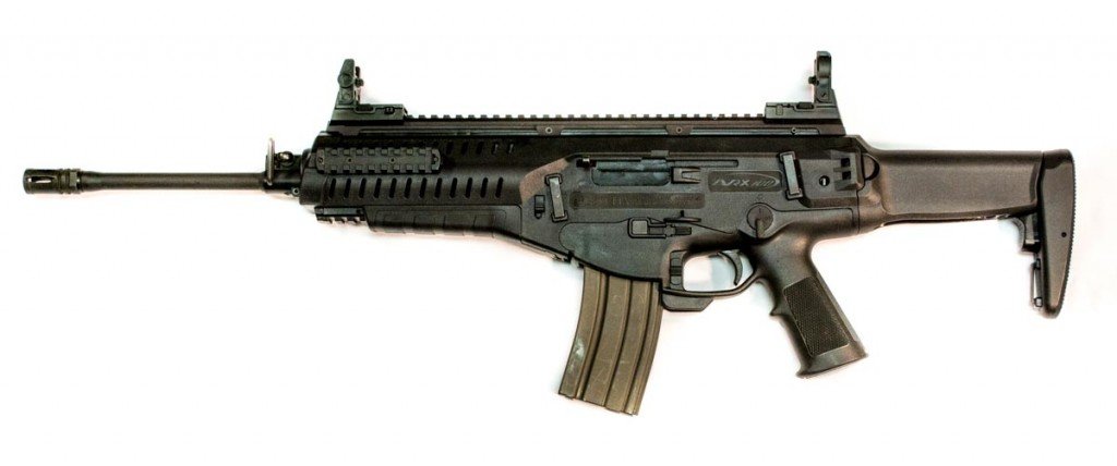 As configured from the factory with polymer flip-up sights.