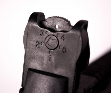 Beretta's ARX100: A Closer Look The rear sight has an aperture wheel calibrated for different ranges.