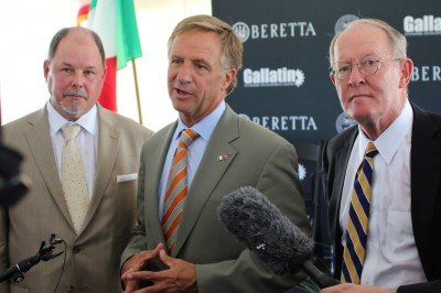 Tennessee Gov. Bill Haslam, Bretta Vice G.M. Jeff Reh, and U.S. Sen. Lamar Alexander answer questions after the groundbreaking. 
