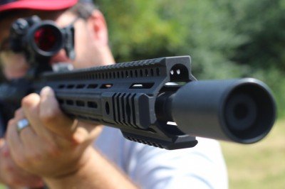 The Kineti-Tech brake and sleeve redirects the blast downrange.