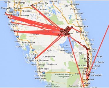 The problem came when I clicked into the data to take a closer look at where I had been. It showed me going all over the state to places I have never been.  If you look closely it even has me either flying over or walking over Lake Okeechobee. 
