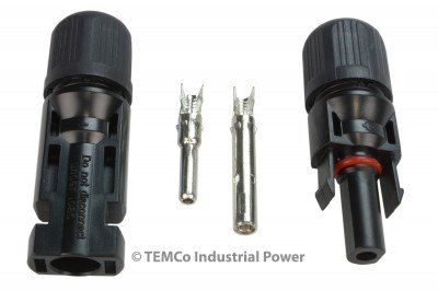 These are the MC4 connectors that most people use with solar.  They are a weatherproof connector. 
