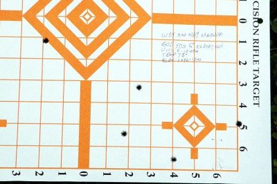 At 605 yards and about 5.5 degrees inclination, the 5-shot group measured 9 ½”. Eliminating the flier to the left leaves a 5 5/16” 4-shot group, just under 1 moa. Needed a little more wind offset. A slight adjustment to the B.C. programmed into the Eliminator would center the group on the diamond.