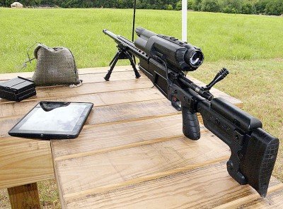The XS1 .338 Lapua Magnum is the biggest and most powerful TrackingPoint Precision Guided Rifle (PGR). The wire on the left side of the scope ties the ballistics computer to the guided trigger.