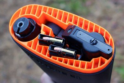 When all packed up, the AR-7 holds all parts, and 16 rounds of .22 LR.