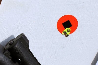 This is actually five shots, made from 25 yards--shots were made from the shoulder, standing. This is the first five shots I made with the gun, but it repeated this performance over and over again. 