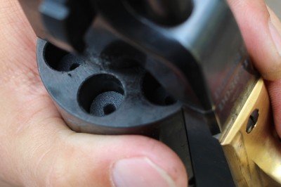 Two pellets of powder leave just enough room for a ball.