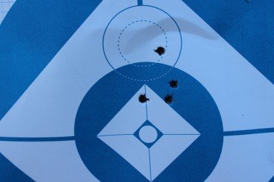 Five shots at 200 yards. My shots were high, but not a bad group for me. 77 grain Gorilla.