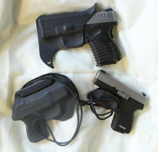 These are the three products I have tried from Armored Carry, which used to be called Double Tap Holsters. The top is a pocket holster, the left is the neck holster, and on the right is the trigger guard shield with a lanyard. 