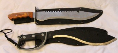 Be careful to stay away from imitations thinking that they are a real Kukri. The top knife is heavy because of its size, and it is a full tang, but it still isn't a Kukri. The bottom is a United Cutlery and little more than a way too light  curved machete. 