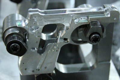 This is a closeup of the gun with the primary cuts and holes. 
