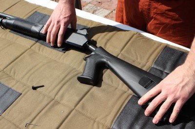 Benelli M4 Raven Stock from ATI You have to break the M4 down almost all the way to make the additions.