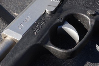 Kahr CT380--The Perfect Pocket Pistol? The trigger is wide and rounded over. It is very comfortable to pull, and easy to find.