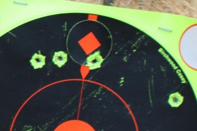 From 50 yards, the CCP still performs. I missed high with the first shot, but got the next three. That last one, the one to the right, was my fault.
