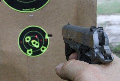 The LaserMAX Centerfire laser was a little off out of the box, but easily adjusted. You turn it on with a front ambidextrous switch.