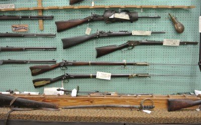Some of the rifles in the Cohen's shop.  Two "Mississippi" Rifles on the bottom.  Also the trapdoor with the saddle holster is rare. 