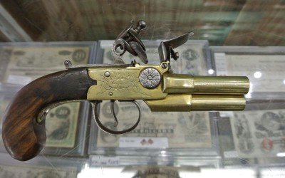 Selling History-Cohen and Sons of New Orleans This is a funky little guy! 3 barreled flint lock pistol.