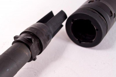 Note the ridges on the Trifecta Flash Hider. The silencer can only mount one way. This ensures that point of impact will not shift if you detach and reattach the suppressor.