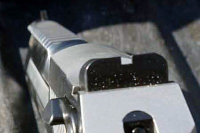 New All Stainless Desert Eagle--Gun Review Close up detail on the sights.