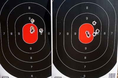 All of my groups started off strong, but spread as the weight and recoil took its toll. What both of these targets show is that the gun shoots to point of aim very well. 