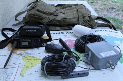 The FT-817 and its antenna tuner easily fit in a small backpack like this hydration pack. This picture also has that QSO King antenna from Ebay mentioned in the article.