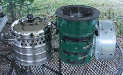 The $118 StoveTec rocket stove (middle), the StoveTec $59 pot (left) and the included pot skirt.