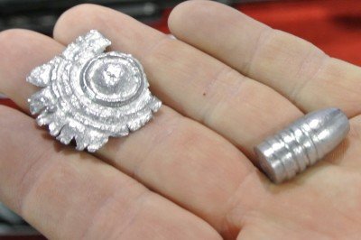 Some serious steal plate expansion. That is not a 100% lead bullet. They didn't know the exact % at the booth. 