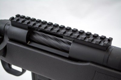 The six inch Picatinny rail has a deep groove down the center allowing you to easily see the iron sights up front.