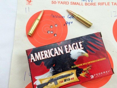 The MVP Patrol turned in pretty respectable accuracy  with this broadly available American Eagle M1A ammo.