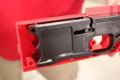 The new .308 lower in the jig.