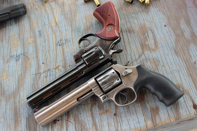 Two classic beauties--the Colt Python (top) and the Smith 686.