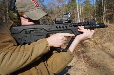 The weight of the Tavor is centered near the rear, which makes holding it on target much easier.