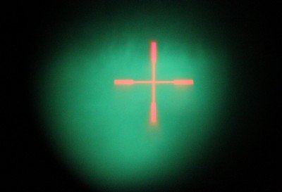 It was hard to get a good picture through the Yukon, but here is what the reticle looks like. During full bright sunlight it is hard to make out, but it holds zero perfectly. 
