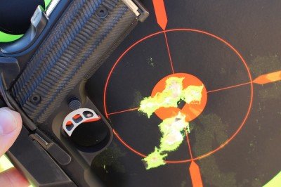 The more I worked with the T4, the more I liked it. I even got to where I could thread the needle from a timed holster draw. These were shot from 21 feet as fast as I could from the holster.