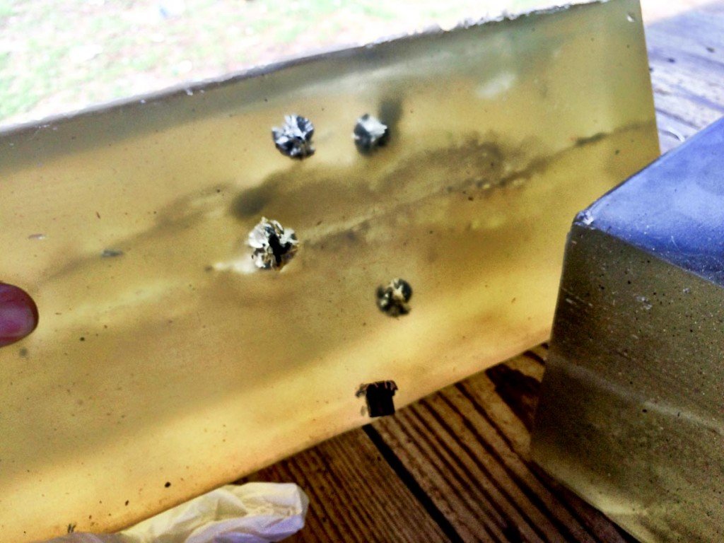 Ammo Test: Barnes TAC-XP .45 ACP +P All projectiles penetrated the first block and lodged just barely into the second.