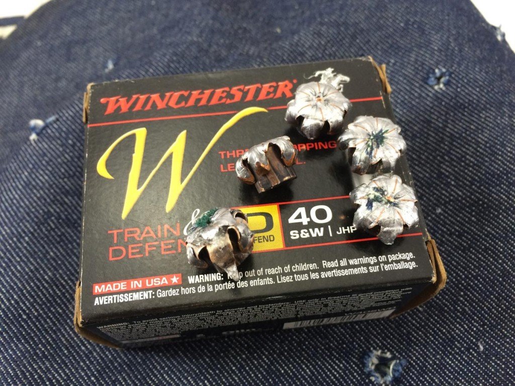 Ammo Test: Winchester Train and Defend .40 S&W Expansion was picture perfect, even after bullets passed through four layers of fabric.