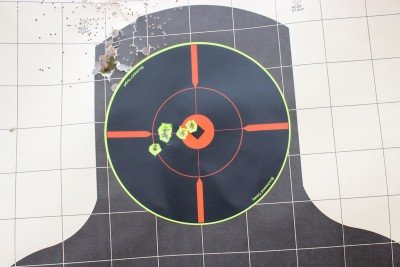 This is from 25 yards. Not too shabby for a gun that has a steep learning curve.