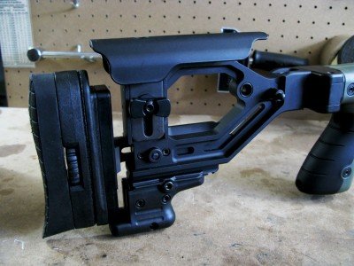 The stock assembly has been extensively engineered to be fully adjustable and configurable to the shooter's needs.  The butt hook is removeable to allow other accessories to be used.