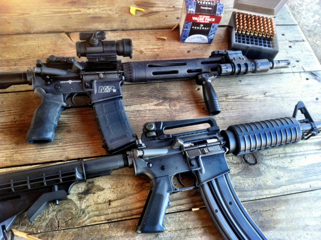 A Smith & Wesson M&P 15 VTAC (top) and Colt M4 chambered in .22LR (below)