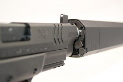 The front sight is plenty tall to clear this SilencerCo Osprey 45 suppressor.
