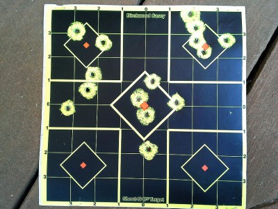 Typical results for the .380 offhand from 23’. My old eyes have trouble seeing the sights. You could probably do better.