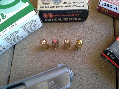 From left to right: Remington 95gr FMJ, Hornady Critical Defense 90gr FTX, Dynamic Research Technologies 85gr HP, Herters 95gr FMJ. They all fed flawlessly.