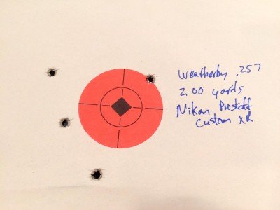 At 200 yards, the elevation was right on. Two shots above the centerline of the 2-inch target and two below.