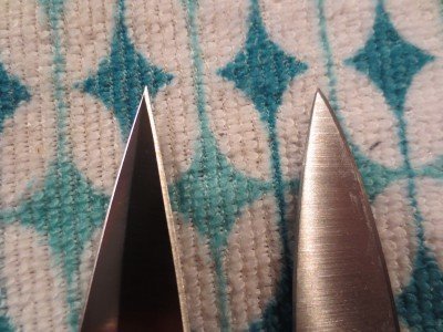 Comparison shot of the Godson with a paring knife, trying to give you a sense of how truly pointy that tip is.  