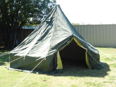 Beware of heavy and expensive military tents. This 5 man 13x13 arctic tent is I'm sure a great tent, but it also has poles that won't fit in a backpack, and for the weight it just isn't much room.  Anything is better than nothing though. 