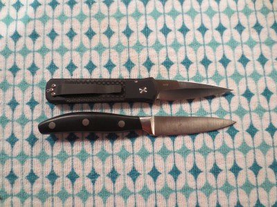 Pro-Tech Godson: Wow! Your Next Knife Purchase? Another comparison shot between the Godson (top) and the paring knife (bottom).