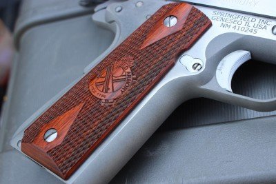 Monday Gun Day Giveaway: Springfield Armory Mil-Spec 1911 Cocobolo grips look good on the stainless, though there are black grips included, too.