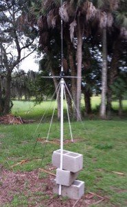 This is the Discone antenna that I bought for about $50 on Ebay. Even at this height it showed a notable difference in all of the VHF and UHF frequencies above both the included whip and my "multi-band" wire antennas. Up high, using a mast system, it's going to rock. 